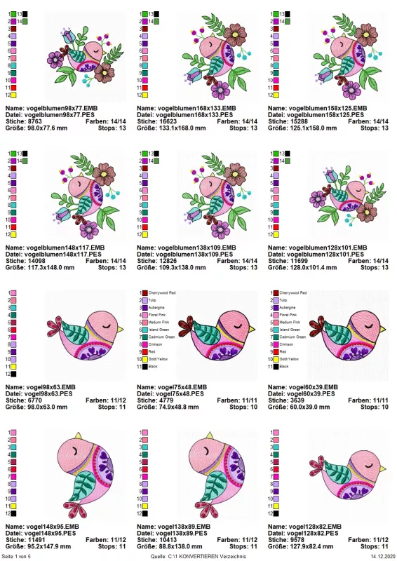 Stickdatei Set Folksy Flowers (div. Größen), Übersicht mit 12 Designs. 6 mal einzelner bunter Vogel; 6 mal bunter Vogel in buntem Blüten-Blätter-Arrangement.