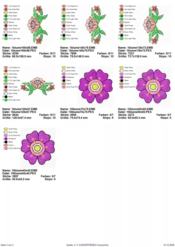 Stickdatei Set Folksy Flowers (div. Größen), Übersicht mit 7 Designs. 4 mal Blüten mit Blattgrün; 3 mal Blütenkopf pink.