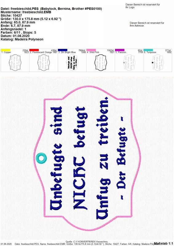 Freebie Stickdatei ITH Schild Unbefugt, Foto mit ausgefertigtem garngeöstem Artikel nebst Übersicht. Übersicht mit sechs Dateien, die insgesamt für die Anfertigung des kompletten Freebies nötig sind.