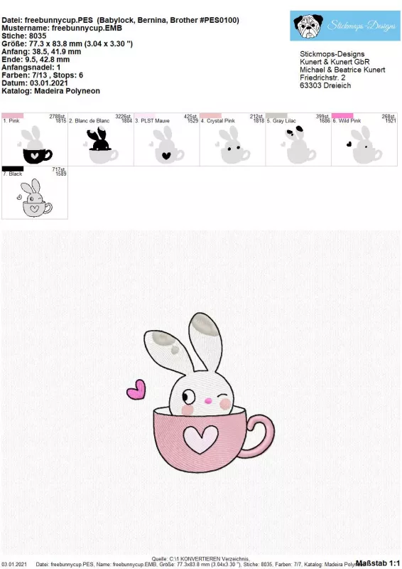 Übersicht Freebie Stickdatei Bunny in a Cup