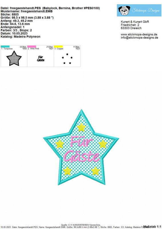 Freebie Stickdatei Für Gäste Handtuchmotiv (10x10), Abbildung mit Foto eines fertigen Stick-Emblems nebst dreiteiliger Übersicht der einzelnen Dateien (Schriftzug, großer Stern, 5 kleine Sterne) zur Erstellung einer Gesamtausfertigung. Freebie Stickdatei Für Gäste Handtuchmotiv (10x10), Abbildung mit Foto eines fertigen Stick-Emblems nebst dreiteiliger Übersicht der einzelnen Dateien (Schriftzug, großer Stern, 5 kleine Sterne) zur Erstellung einer Gesamtausfertigung.