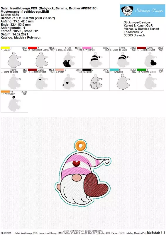 Freebie Stickdatei ITH Anhänger Lovegnome (10x10 Rahmen), Übersicht über 13 Einzelschrittdateien, durch die 1 kompletter garngeöster Anhänger erstellt wird. Darunter ein Foto eines ausgefertigten Exemplars.