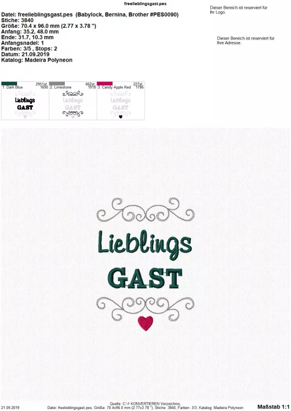 Freebie Stickdatei Lieblingsgast. Abbildung mit Foto eines komplett erstellten Emblems nebst Übersicht mit drei Dateien (Schriftzug, Zierranken, Herz) zur Erstellung der Komplettausfertigung.