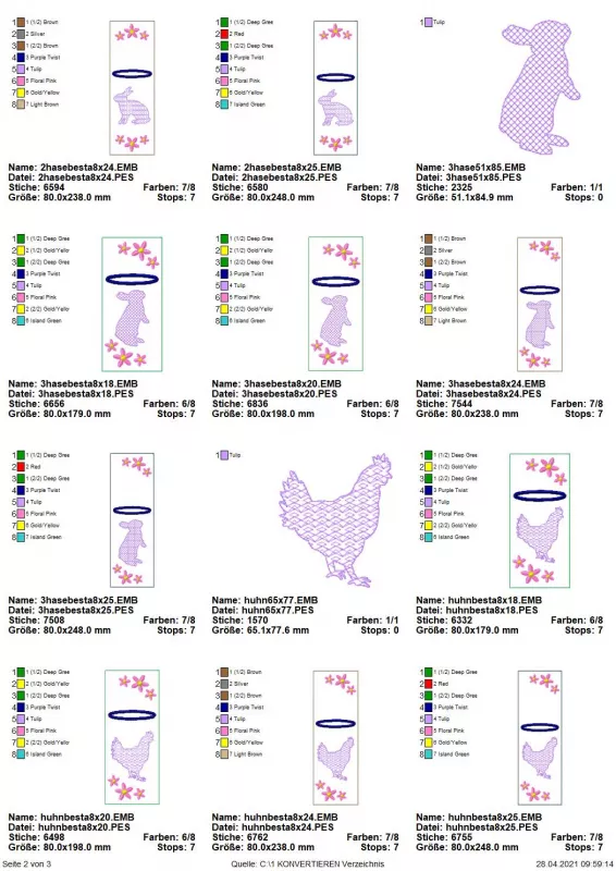 Stickdatei Set ITH Bestecktaschen mit Frühlingsmotiven (4 Größen), Übersicht mit 12 Dateien. 2 mal Einzelmotive (stehender Hase, bzw. Huhn); 10 mal Hochformat-Bestecktaschen mit Sternen, Hasen- (unterschiedliche) oder Huhnmotiv.