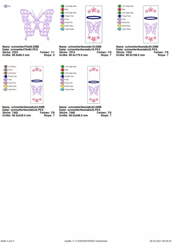 Stickdatei Set ITH Bestecktaschen mit Frühlingsmotiven (4 Größen), Übersicht mit 5 Designs. 1 mal Einzelmotiv Schmetterling; 4 mal Bestecktasche, Hochkantformat, mit Sternenrändern und Schmetterling.