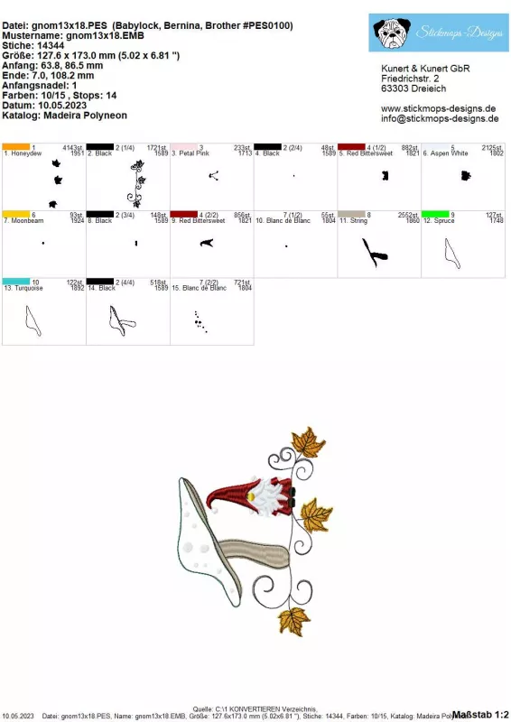Freebie Herbstgnom, Übersicht mit 15 Einzeldateien zur Erstellung eines Gesamtbildes. Die Dateien ergeben insgesamt das Motiv eines Gnoms mit Pilz auf einer Schnörkelranke mit 3 Laubblättern (unter den Dateien als Foto abgebildet).