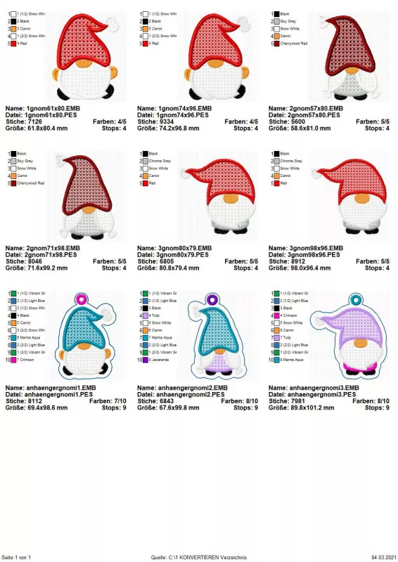 Stickdatei Set FSL Gnome rund um das Jahr + ITH Anhänger, Übersicht mit 9 Dateien. 6 mal für teilweise unterschiedliche Gnome, 3 mal für unterschiedliche Gnome mit Garnösung.