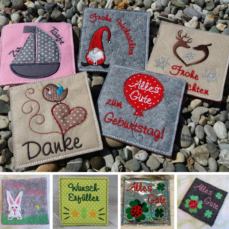 Stickdatei Set ITH Mini-Grußkarten inkl. Abwandlung zur Geschenktasche