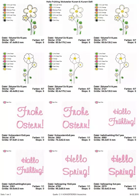 Stickdatei Set Hallo Frühling (div. Rahmengrößen), Übersicht über 12 Dateien. 6 mal Blume, 2 Varianten. 6 mal Schriftzüge: "Frohe Ostern!", "Hallo Frühling!", "Hello Spring!". Stickdatei Set Hallo Frühling (div. Rahmengrößen), Übersicht über 12 Dateien. 6 mal Blume, 2 Varianten. 6 mal Schriftzüge: "Frohe Ostern!", "Hallo Frühling!", "Hello Spring!".