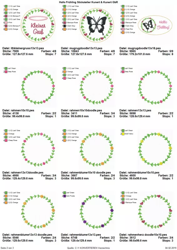 Stickdatei Set Hallo Frühling (div. Rahmengrößen), Übersicht über 12 Dateien. 9 mal Blätter-Herzen-Kranz; 2 mal ebensolcher Kranz: 1 mal mit Schmetterling als runder Mug Rug, 1 mal mit Einstecköffnung und Schriftzug "Kleiner Gruß"; 1 mal bekränzter Schmet