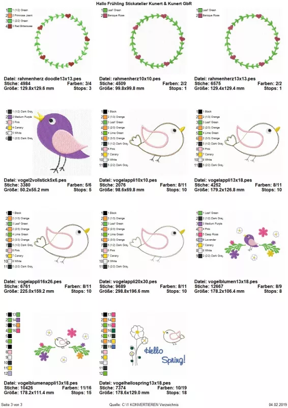 Stickdatei Set Hallo Frühling (div. Rahmengrößen), Übersicht mit 11 Dateien. 3 mal Blätter-Herzen-Kranz; 5 mal Vogel, divers; 2 mal Vögelchen mit Blüten/Blättern; 1 mal Vögelchen mit Blume und Schriftzug "Hello Spring!".