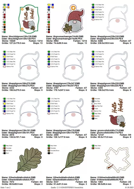 Stickdatei Set ITH Schilder, Anhänger & Gnom (Herbstkalendertürchen 1 b), Übersicht mit zwölf Dateien. Sechs mal für Gnom, einmal für Gnomanhänger mit Blatt, einmal Gnom mit Schriftzug "Hallo Herbst!", einmal für komplettes Schild mit Gnom und Schriftzug,