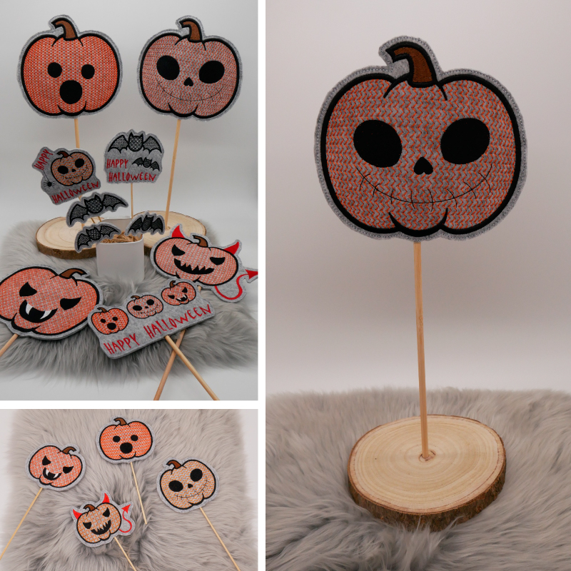 Stickdatei Set Halloween Stabdeko groß & klein mit lustigen Gesichtern auf Holzstab.