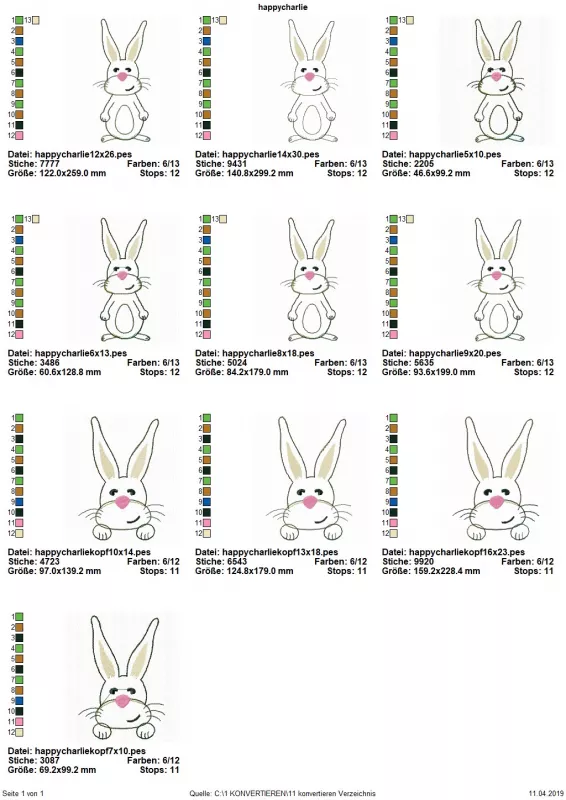 Stickdatei Set XXL Hase Charlie in 3 Variationen, Übersicht über 10 Dateien. 6 mal stehender lächelnder Hase, 4 mal lächelnder Hasenkopf auf Vorderpfoten.