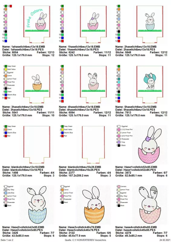 Stickdatei Set Osterhasen ITH Lichtbeutel / Utensilos, Übersicht mit 12 Dateien. 8 mal für Beutel (2 blanko, andere mit Bestickung Hase/Ei/Eierschale, teilweise Schriftzug "Frohe Ostern"); 4 mal Einzelmotiv unterschiedlicher Hasen in Eierschale.