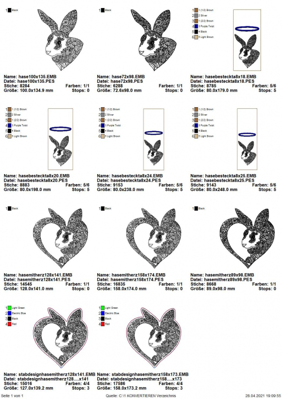 Stickdatei Set Hase mit Herz inkl. Dateien für Bestecktaschen und Stabdesign (div. Größen)