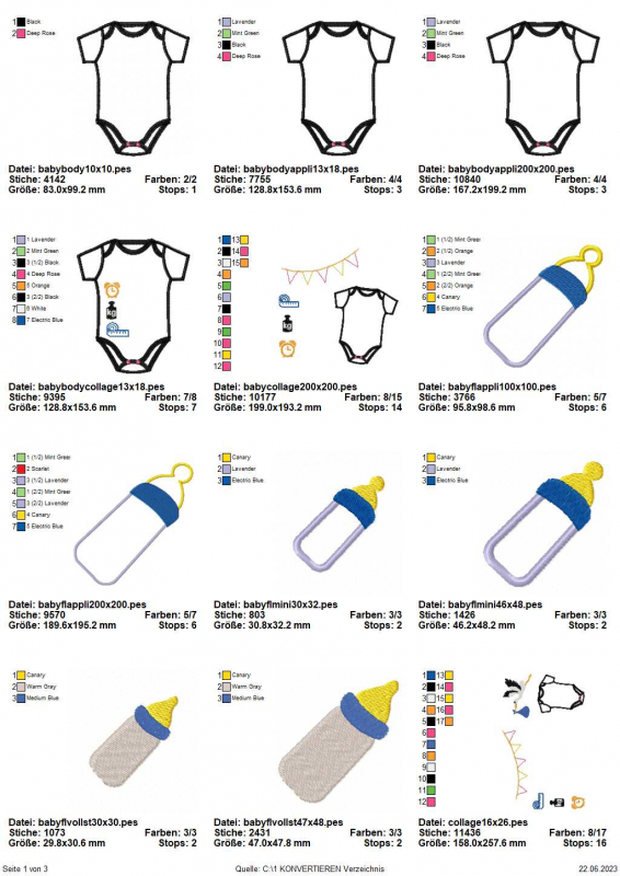 Stickdatei Set Hello Baby (div. Größen), Übersicht mit 12 Dateien. 6 mal Trinkflasche in Variationen. 3 mal für Babybody blanko, 1 mal für Body mit Uhr/Gewichtssymbol/Maßband, 2 mal für Body neben Symbolen (Uhr/Gewichtssymbol/Maßband/Girlande), wobei eine