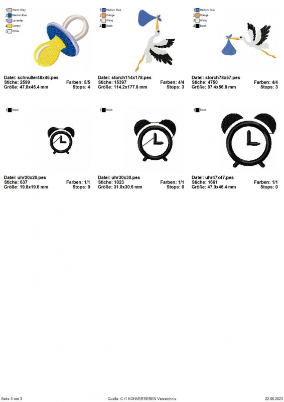 Stickdatei Set Hello Baby (div. Größen), Übersicht mit 6 Dateien. In unterschiedlichen Größen: 2 mal Klapperstorch, 3 mal Wecker. Außerdem 1 mal Schnuller.