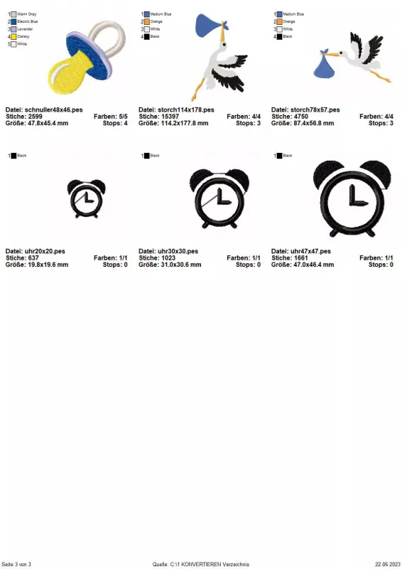 Stickdatei Set Hello Baby (div. Größen), Übersicht mit 6 Dateien. In unterschiedlichen Größen: 2 mal Klapperstorch, 3 mal Wecker. Außerdem 1 mal Schnuller.