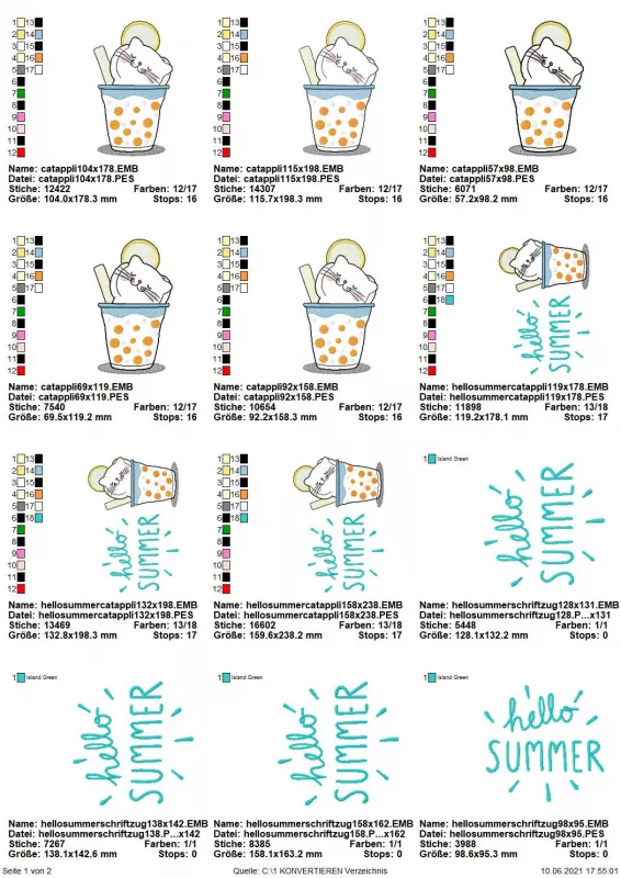 Stickdatei Set Hello Summer Cat Doodle Applikation inkl. ITH Anhänger, Übersicht mit 12 Dateien. 5 mal Applikation mit Katze im Strohhalm-Drink-Glas; 3 mal selbige Applikation, zusätzlich mit Schriftzug "hello SUMMER"; 4 mal ausschließlich Schriftzug.