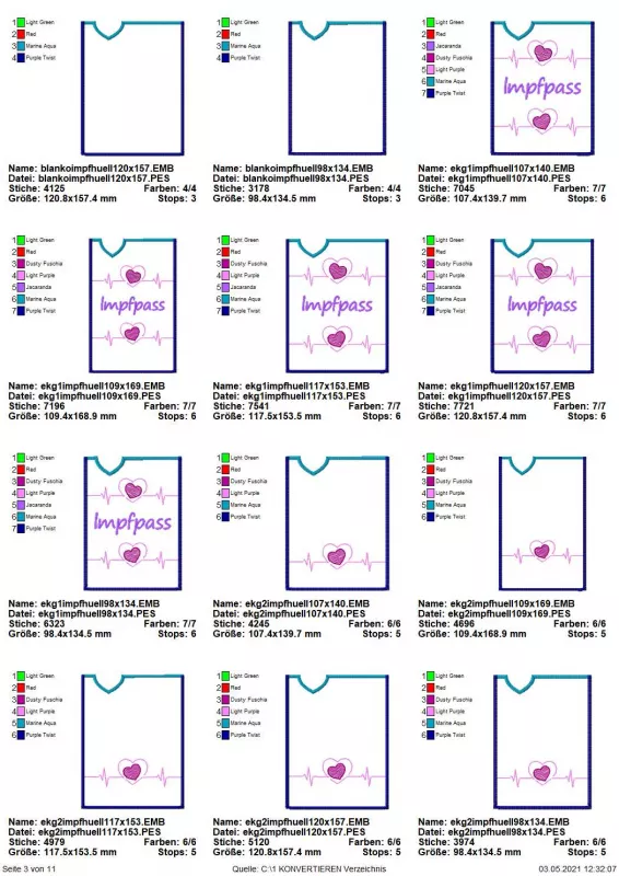 Stickdatei Set ITH Impfpass-Hüllen 24 Designs (13x18), Übersicht über 12 Dateien für Hüllen. 5 mal EKG-Kurve mit Herz; 5 mal doppelte EKG-Kurve mit Herz, Schriftzug "Impfpass"; 2 mal Blanko.