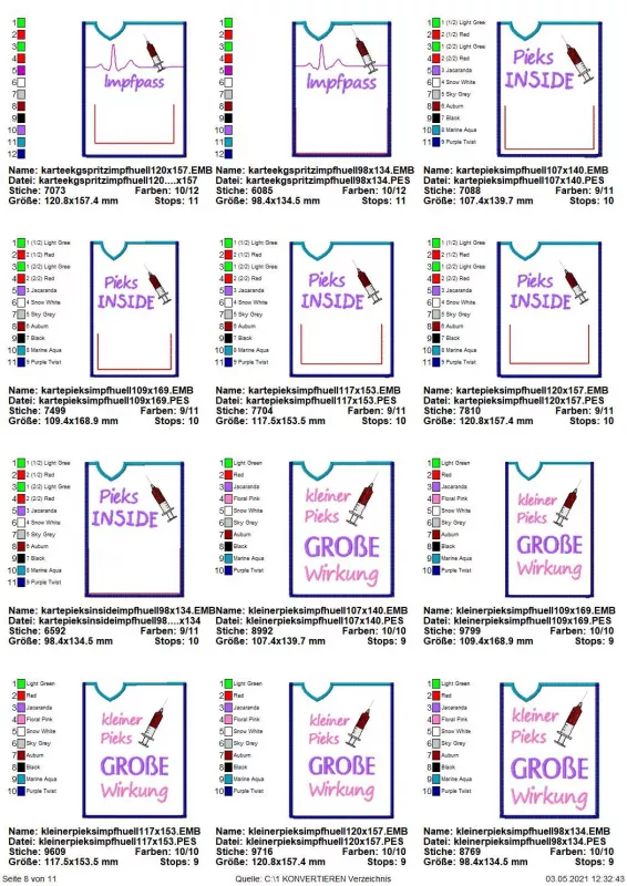 Stickdatei Set ITH Impfpass-Hüllen 24 Designs (13x18), Übersicht mit 12 Dateien. Dabei diverse Ausführungen: Alle mit Motiv und Aufschrift, teilweise mit Einsteckfach. Motive: Spritze, bzw. Spritze mit EKG-Kurve; Aufschriften "Impfpass", bzw. "Pieks INSID