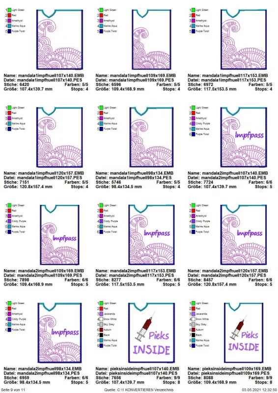 Stickdatei Set ITH Impfpass-Hüllen 24 Designs (13x18), Übersicht mit 12 Designs. 10 mal filigranes Wellenornament, teilweise mit Schriftzug "Impfpass". 2 mal Spritze mit Schriftzug "Pieks INSIDE".