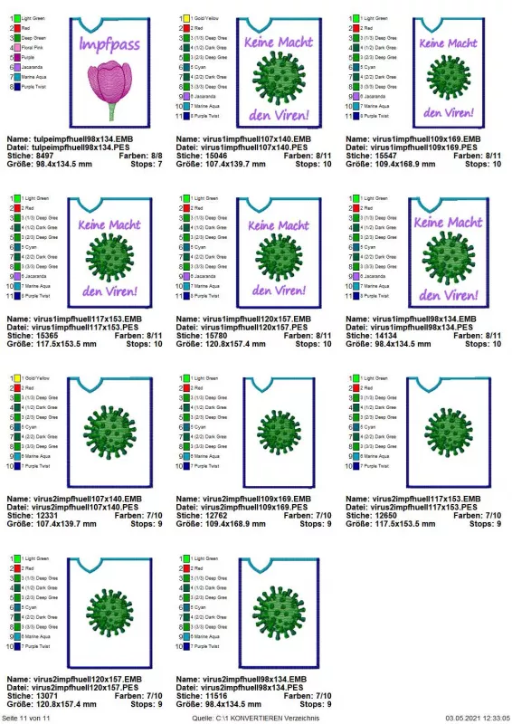 Stickdatei Set ITH Impfpass-Hüllen 24 Designs (13x18), Übersicht zeigt 11 Dateien. 1 mal Tulpe mit Schriftzug "Impfpass"; 11 mal Virus, davon 5 mit Schriftzug "Keine Macht den Viren".