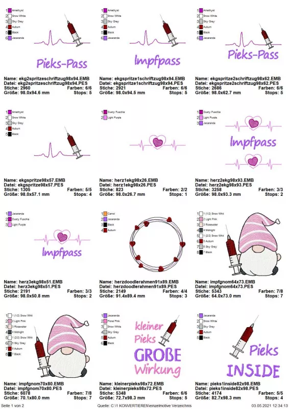 Stickdatei Set ITH Impfpass-Hüllen 24 Designs (13x18), Übersicht mit 12 Dateien. 4 mal Spritze auf EKG-Kurve, teilweise mit Schriftzügen "Impfpass", bzw. "Pieks-Pass"; 1 mal Herzchenkranz; 2 mal Spritzengnom; 3 mal Herz-EKG-Kurve, doppelt/einzeln, mit/ohn