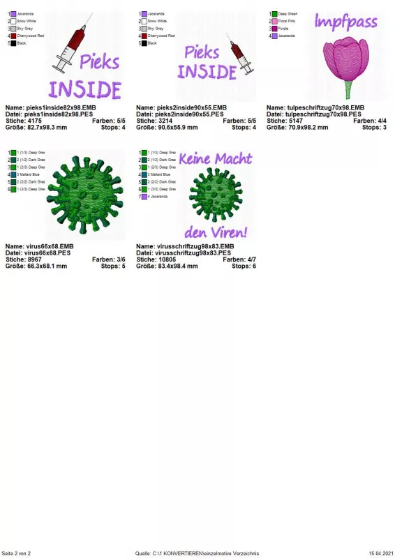 Stickdatei Set Motive für den Impfpass, Übersicht über 5 Designs. 2 mal Spritze "Pieks inside"; 1 mal pinke Tulpe, Überschrift "Impfpass"; 2 mal stilisiertes Virus in grün, dabei 1 mal mit Schriftzug "Keine Macht den Viren!"