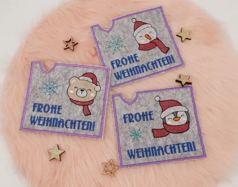 Stickdatei Set ITH Christmascover mit Bärchen, Schneemann und Pinguin.