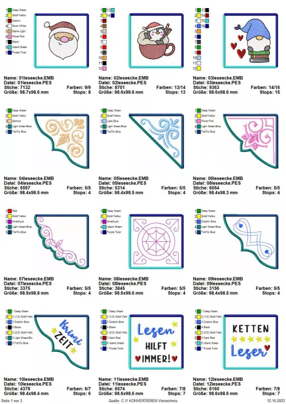 Stickdatei Set ITH Lesezeichen Leseecken