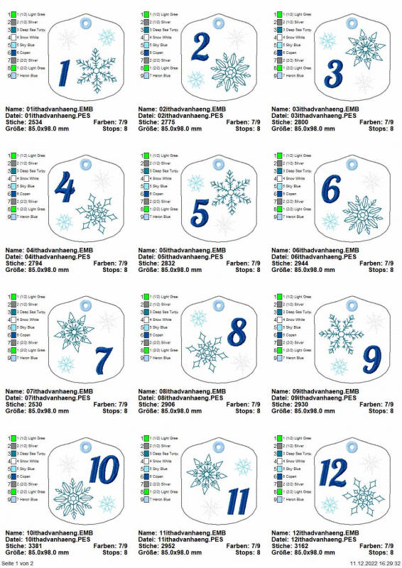 Stickdatei Set ITH Adventskalenderanhänger Übersicht Anhänger Zahlen 1 - 12
