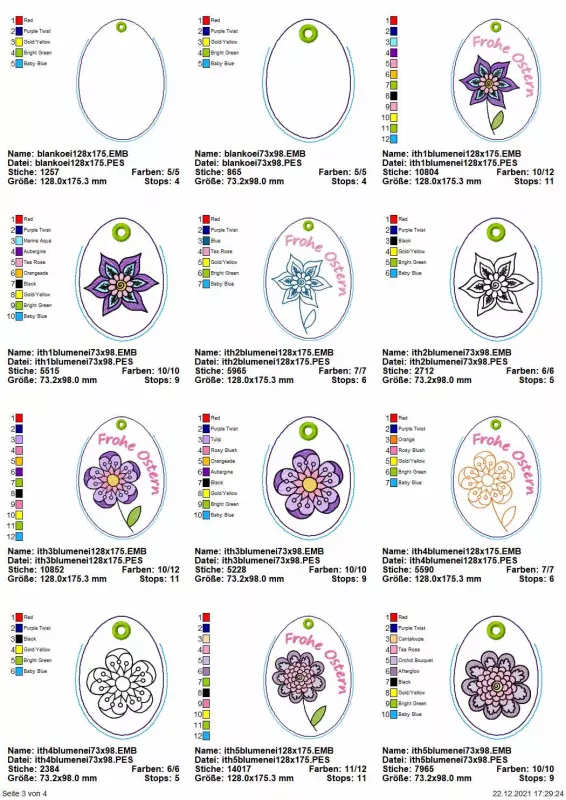 Übersicht für das Stickdatei Set ITH Osterei-Tasche mit Öse + Einzelmotive Seite 3