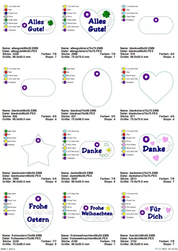 Stickdatei Set ITH Geschenkanhänger + Blankos (10x10), Übersicht mit 12 Dateien. 5 mal diverse Formen in blanko. 7 mal diverse Formen mit Bestickung und Schriftzug ("Alles Gute", "Danke", "Frohe Ostern", "Frohe Weihnachen", "Für dich").