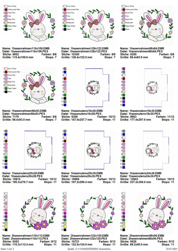 Stickdatei Set ITH Osterkörbe (div. Rahmengrößen), Übersicht mit 12 Dateien. 5 mal für Beutel mit Motiv Hase im Kranz; 7 mal Einzelmotive Hase im Kranz in Varianten.