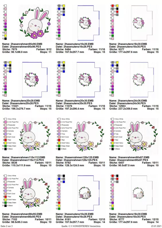 Stickdatei Set ITH Osterkörbe (div. Rahmengrößen), Übersicht mit 12 Dateien. 7 mal für Beutel mit Motiv Hase im Kranz, Varianten; 5 mal Einzelmotive Hase im Kranz in Varianten.