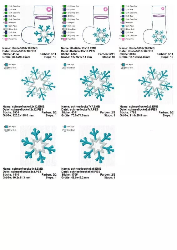 Stickdatei ITH Stiefel mit Schneeflocke in 3 Größen, Übersicht mit 8 Dateien. 5 mal einzelner Stern (divers); 3 mal Stiefel mit diversem Stern.