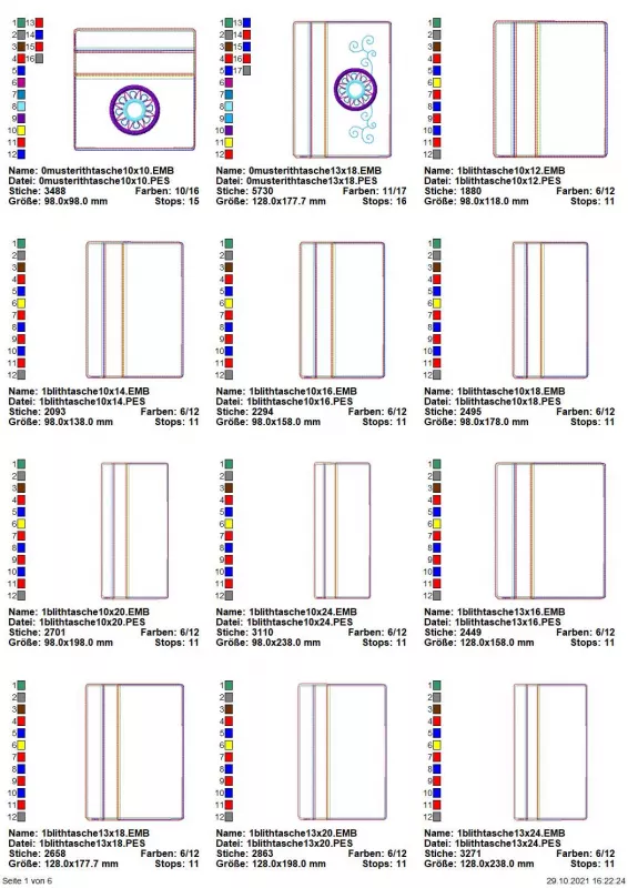 Stickdatei Set BLANKO ITH Taschen, rechteckig mit Reißverschluss obere Front, über 60 Größen. Übersicht zeigt 12 diverse Dateien mit unterschiedlichen Taschenmaßen und Breiten der Reißverschlussplätze. 2 mal kreisrundes Stickornament, dabei eins mit umgeb
