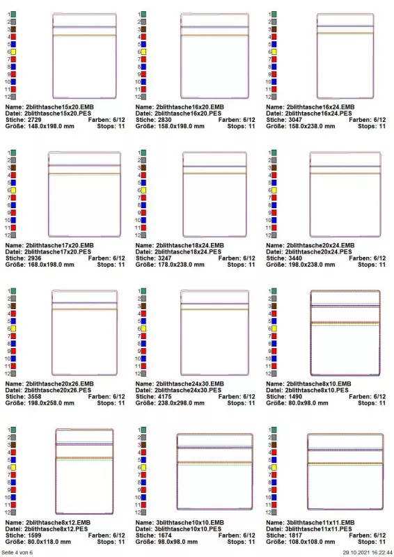 Stickdatei Set BLANKO ITH Taschen mit Reißverschluss über 60 Größen, Übersicht mit 12 Dateien. Die Dateien unterscheiden sich in den Taschenmaßen und in den Breiten für die Reißverschlussplätze.