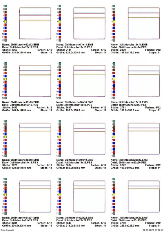 Stickdatei Set BLANKO ITH Taschen mit Reißverschluss über 60 Größen. Dargestellt ist eine Übersicht über 12 rechteckige Dateien, die sich jeweils durch die Breiten für die Reißverschlüsse und die Breiten der Taschen unterscheiden.