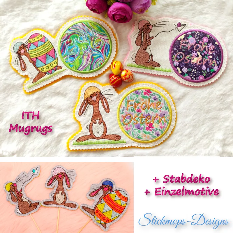 Stickdatei Set Hase Jasper ITH MugRugs inkl. Stabdeko + Einzelmotive Vorschau gestickter Motive