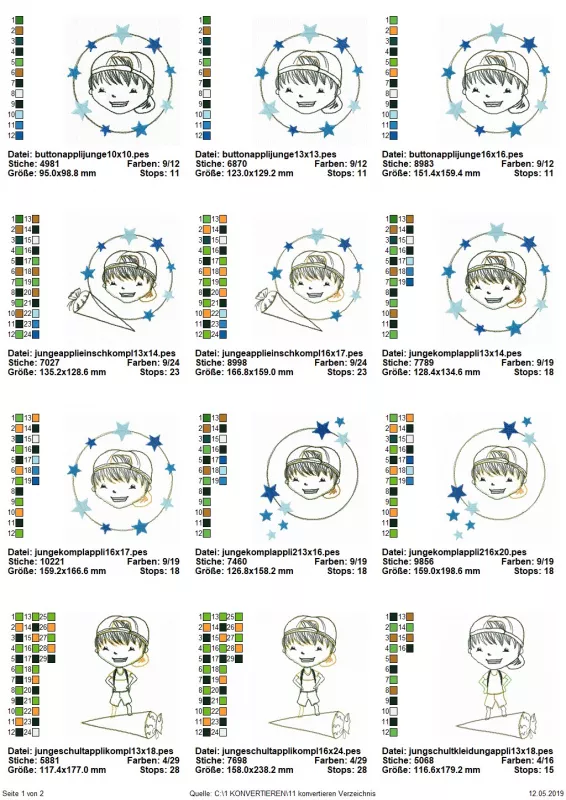 Stickdatei Set Schulkind Liam (div. Rahmengrößen), Übersicht mit 12 Dateien. 5 mal Jungenkopf in Sternenkreis; 2 mal Jungenkopf in Kreis mit Sternansammlungen; 2 mal Jungenkopf in Sternenkreis, darunter Schultüte; 3 mal Junge mit liegender Schultüte.
