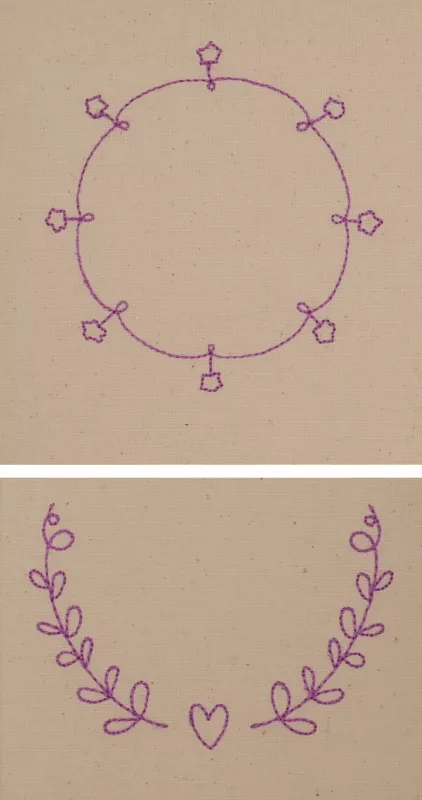 Stickdatei Set florale Rahmen + Schriftzüge, Doppelfoto, das 2 pinke Designs auf hellem Stoff zeigt. 1 mal 2 Blattzweige, die ein Herz umgeben und Rahmen nach oben offen lassen. 1 mal Schlaufenkreis mit gestielten Sternchen.
