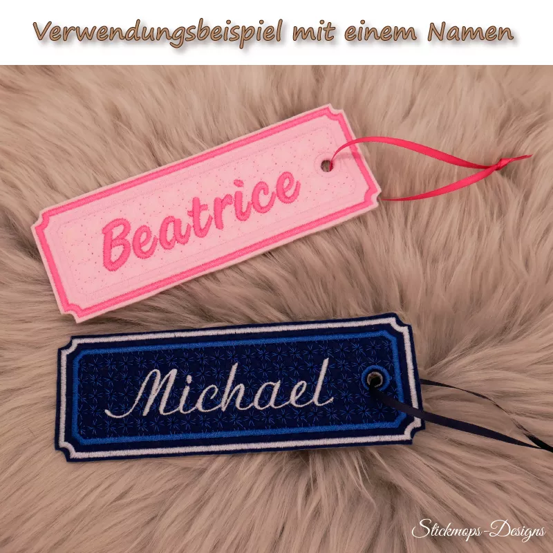(Osterkalender-Türchen 6B) Stickdatei Set ITH Lesezeichen mit verschiedenen Füllmustern in 2 Größen. Foto zeigt 2 längliche Ausfertigungen mit eingekerbten Ecken, garngeöst, Bändchen durchgezogen. 1 mal Schriftzug "Beatrice" in rosa-pink; 1 mal Schriftzug (Osterkalender-Türchen 6B) Stickdatei Set ITH Lesezeichen mit verschiedenen Füllmustern in 2 Größen. Foto zeigt 2 längliche Ausfertigungen mit eingekerbten Ecken, garngeöst, Bändchen durchgezogen. 1 mal Schriftzug "Beatrice" in rosa-pink; 1 mal Schriftzug