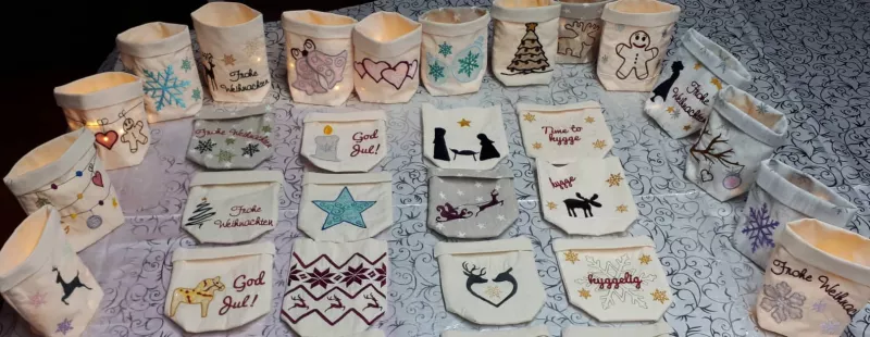 ITH winterliche Lichtbeutel verschiedene Beispiele mit Schneeflocken, Winterschlitten, Rentieren, Lebkuchenmann, Glocken