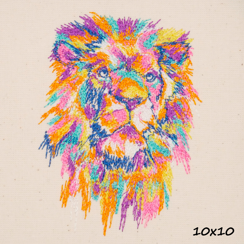 Stickdatei Lion Löwenkopf aus vielen verschiedenen Farben mit Größenangabe 10x10