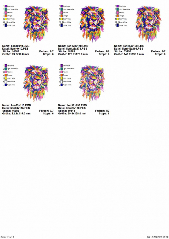 Stickdatei Lion Übersicht der Varianten