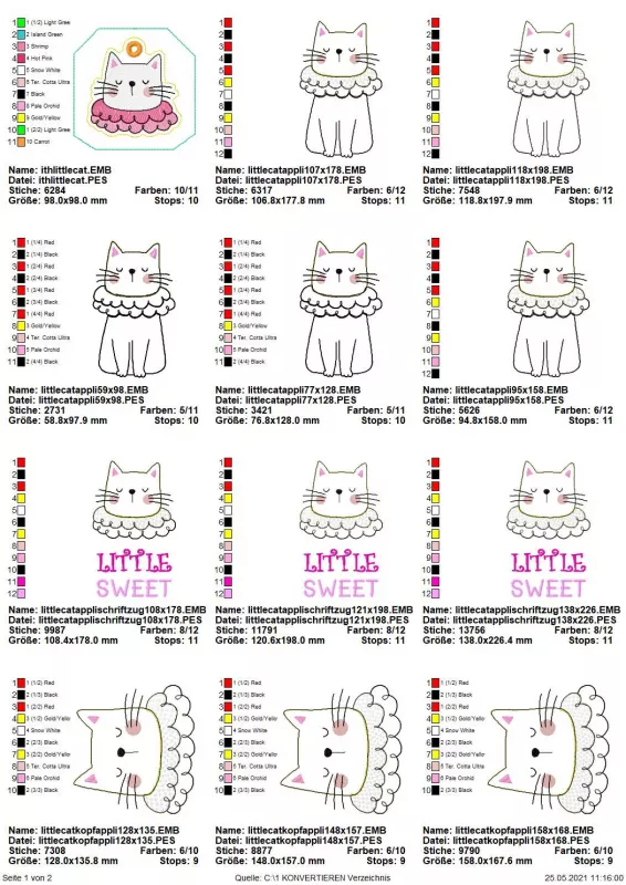 Stickdatei Set Little Sweet Cat Doodle Applikation inkl. ITH Anhänger, Übersicht mit 12 Dateien. 1 mal für Anhänger Katzenkopf, alle anderen für Applikation: 5 mal ganze Katze; 3 mal Katzenkopf, 3 mal Katzenkopf mit Schriftzug "Little Sweet".