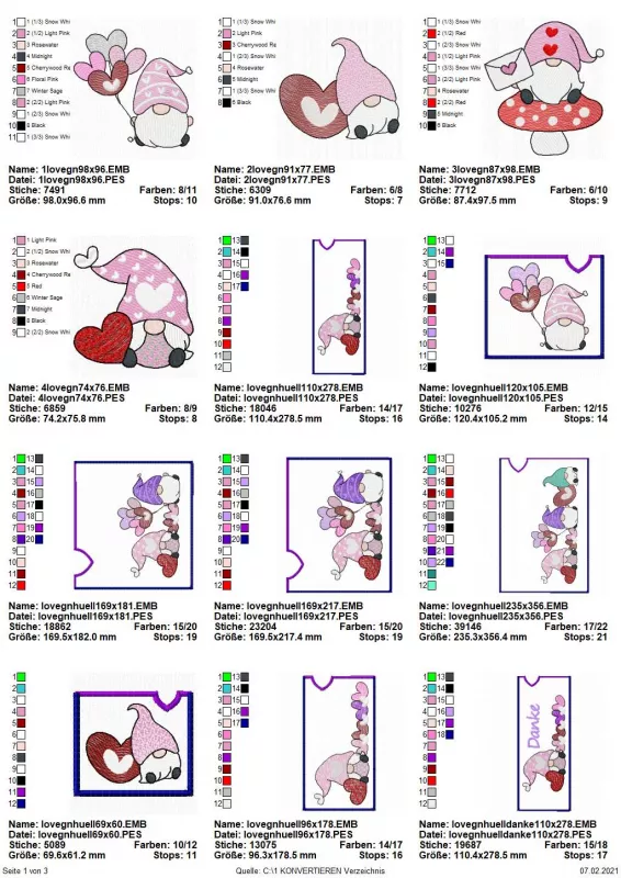 Stickdatei Set Lovegnomes ITH Geschenk- und Schokoladenhüllen, Übersicht mit 12 Designs. 5 diverse Einzelmotive mit Gnom; 8 mal Hüllen im Querformat mit unterschiedlichen Gnommotiven, dabei eine zusätzlich mit Schriftzug "Danke".